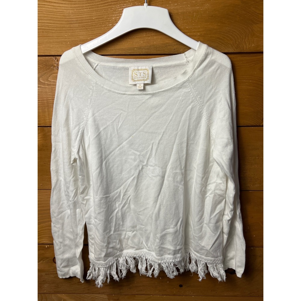 STS Sail to Sable White‎ Fringe Hem Long Sleeve Knit Top Size M Boho Cottagecore